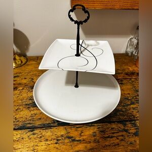 Two-Tier White Ceramic Serving Stand with Black Scroll Accent